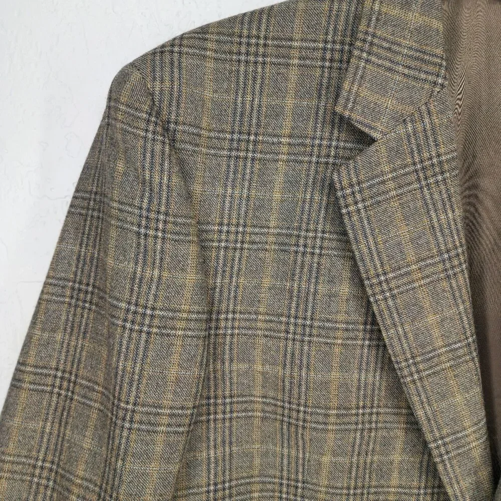 Jos A. Bank 44R | Brown Windowpane Plaid 100 Wool Tweed Sport Coat Blazer Jacket